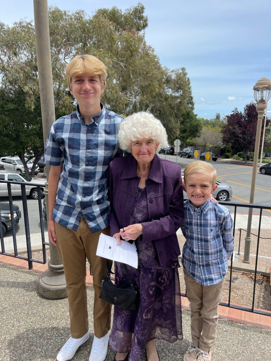 so sweet - two boys - one tall, one short with their grandmother.  boys are in plaid shirts and grandma is dressed in a purple jacket. for the blog Love Where You Live: Cut Down on the Commute, live-close-to-work
