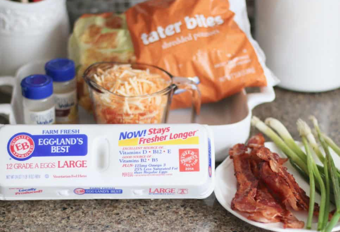what you need to make the tator tot casserole .. eggs and bacon and cheese and tator tots - one of the best recipes for thanksgiving
