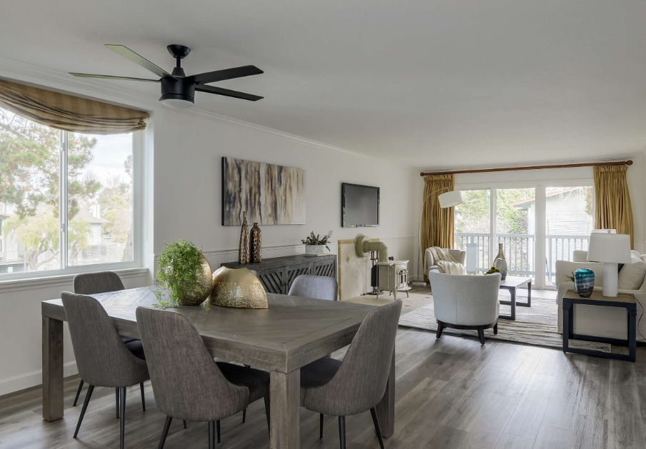 home staging with yellow curtains.