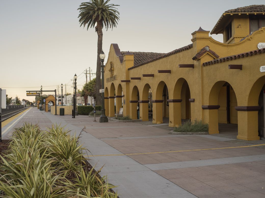 downtown Burlingame - this is the train station. yellow mustard colored building.