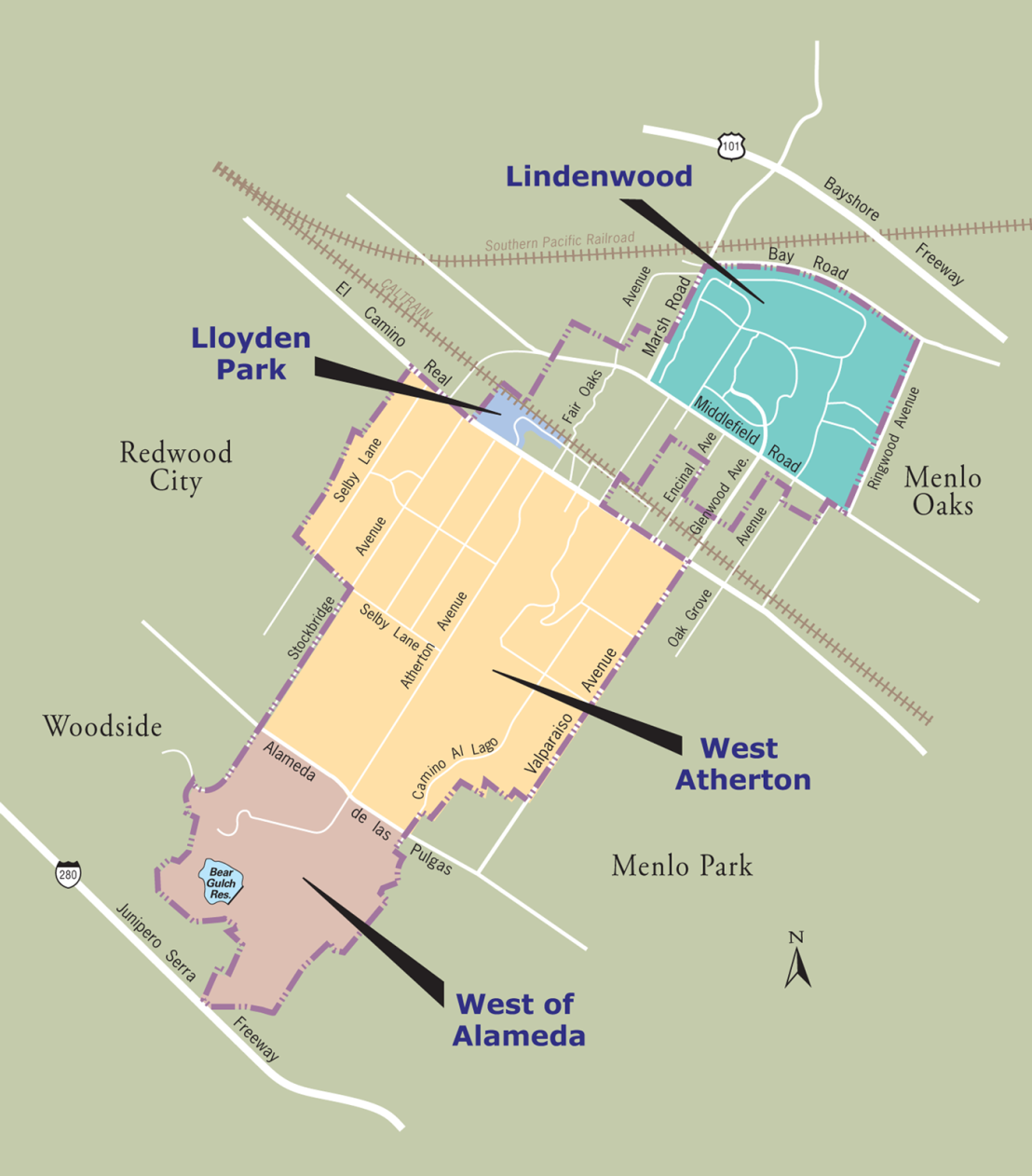 Atherton neighborhood map, guide to living in Atherton.
