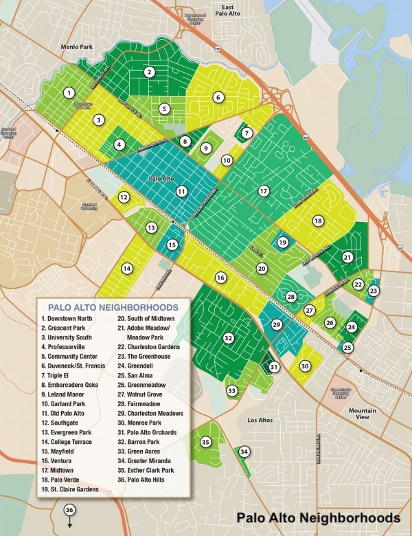 birthplace to silicon valley, this map shows 34 Palo Alto Ca neighborhoods.  